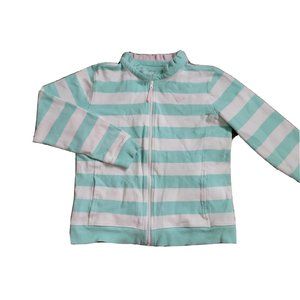 Vineyard Vines SZ L (14) Girls Full Zip  Aqua/White Stripe Youth Ruffle Neck LS